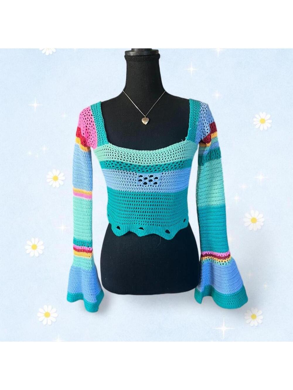 fairycore mermaidcore crochet bell sleeve knit top size small 💖
